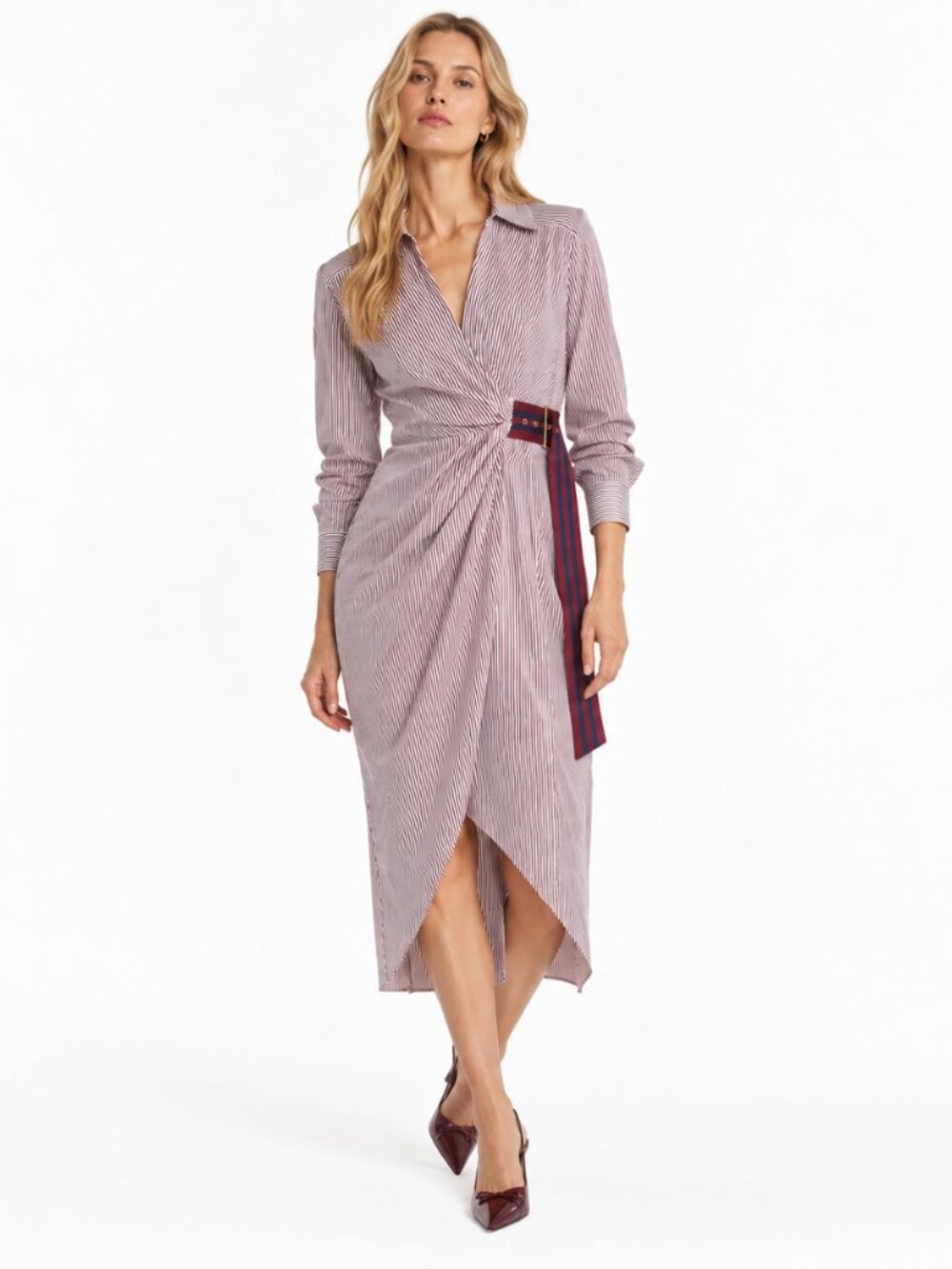 Veronica Beard Jacinda Burgundy Stripe Belted Wrap Midi Shirt Dress 10
